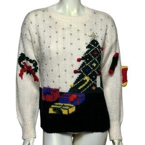 Vintage Fetagetti Christmas Sweater, Knitted Tree & Stockings, Size M